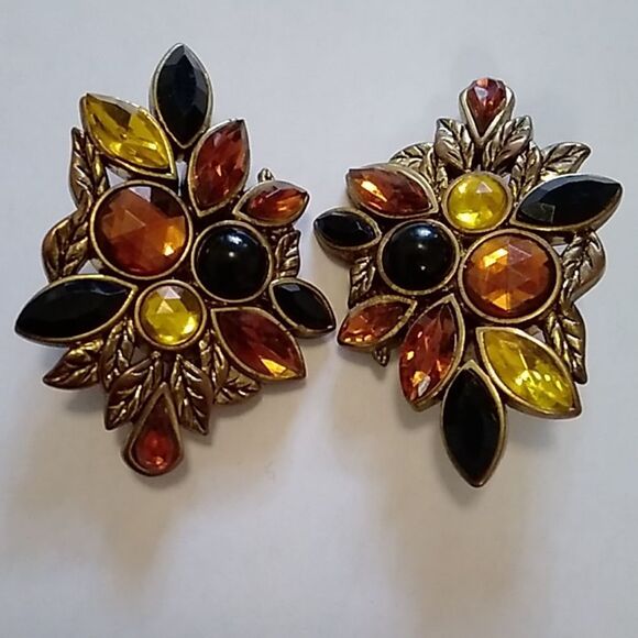 Vintage 80s Amber Black Gold Cluster Clip On Earrings Multi Gem Art Deco MCM - Picture 2 of 8